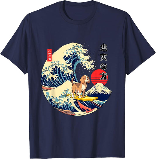 Beagle Japanese Kanagawa Wave Surf Loyal Dog T-Shirt - T-Shirt | Navy