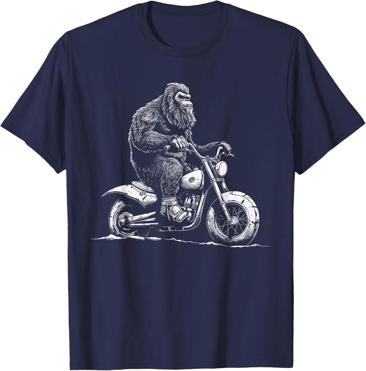 Bigfoot Riding A Motorcycle Bike Funny Sasquatch Men Women T-Shirt - T-Shirt | Navy