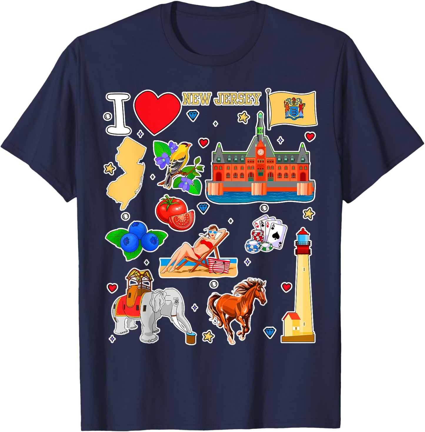 New Jersey map, hand drawn State Symbols and icons T-Shirt - T-Shirt | Navy