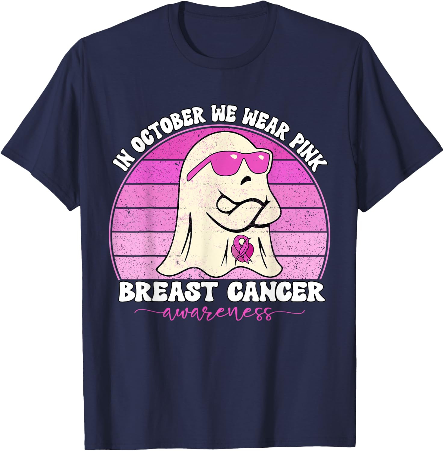 Groovy Breast Cancer Awareness We Wear Pink Ribbon Ghost T-Shirt - T-Shirt | Navy