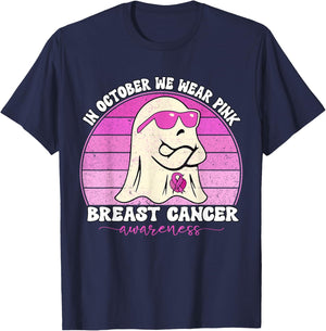 Groovy Breast Cancer Awareness We Wear Pink Ribbon Ghost T-Shirt - T-Shirt | Navy