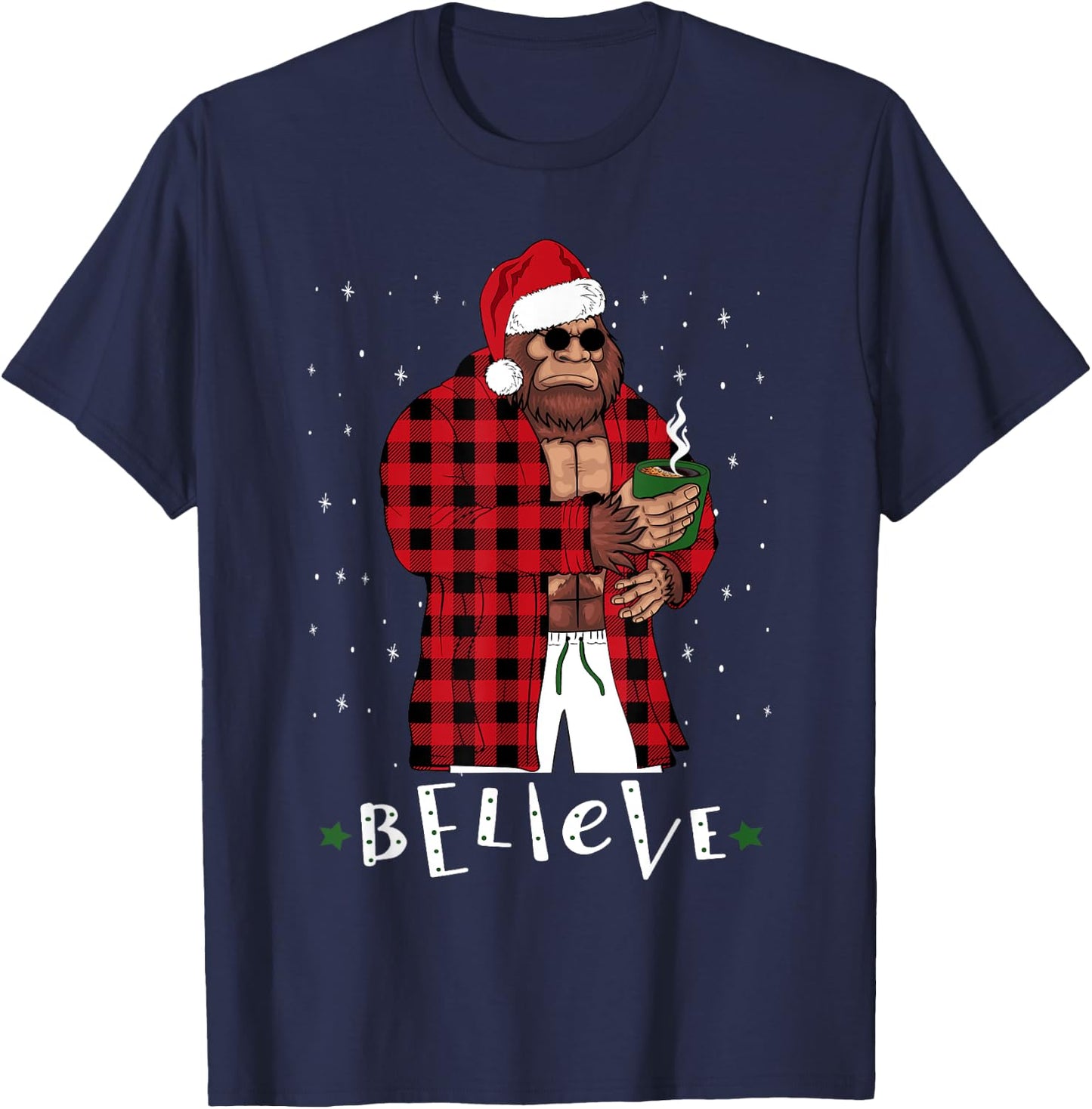Bigfoot Christmas Buffalo Plaid Sasquatch Coffee Drinker T-Shirt - T-Shirt | Navy