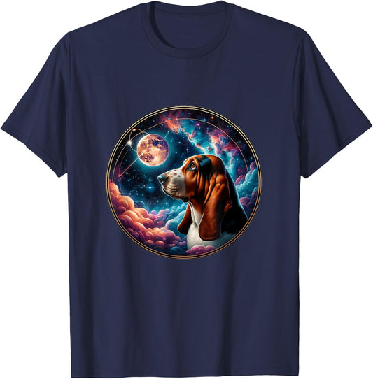 Basset Hound Dog In Nebula Space Stars And Moon Galaxy T-Shirt - T-Shirt | Navy