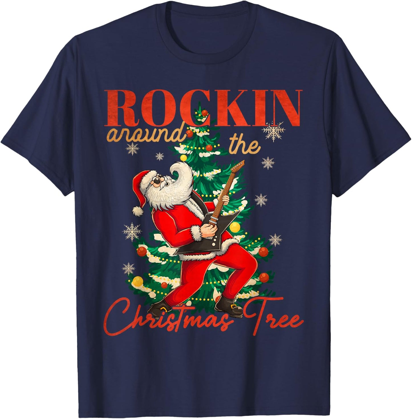Rocking Around The Christmas Tree Santa Rock and Roll Guitar T-Shirt - T-Shirt | Navy