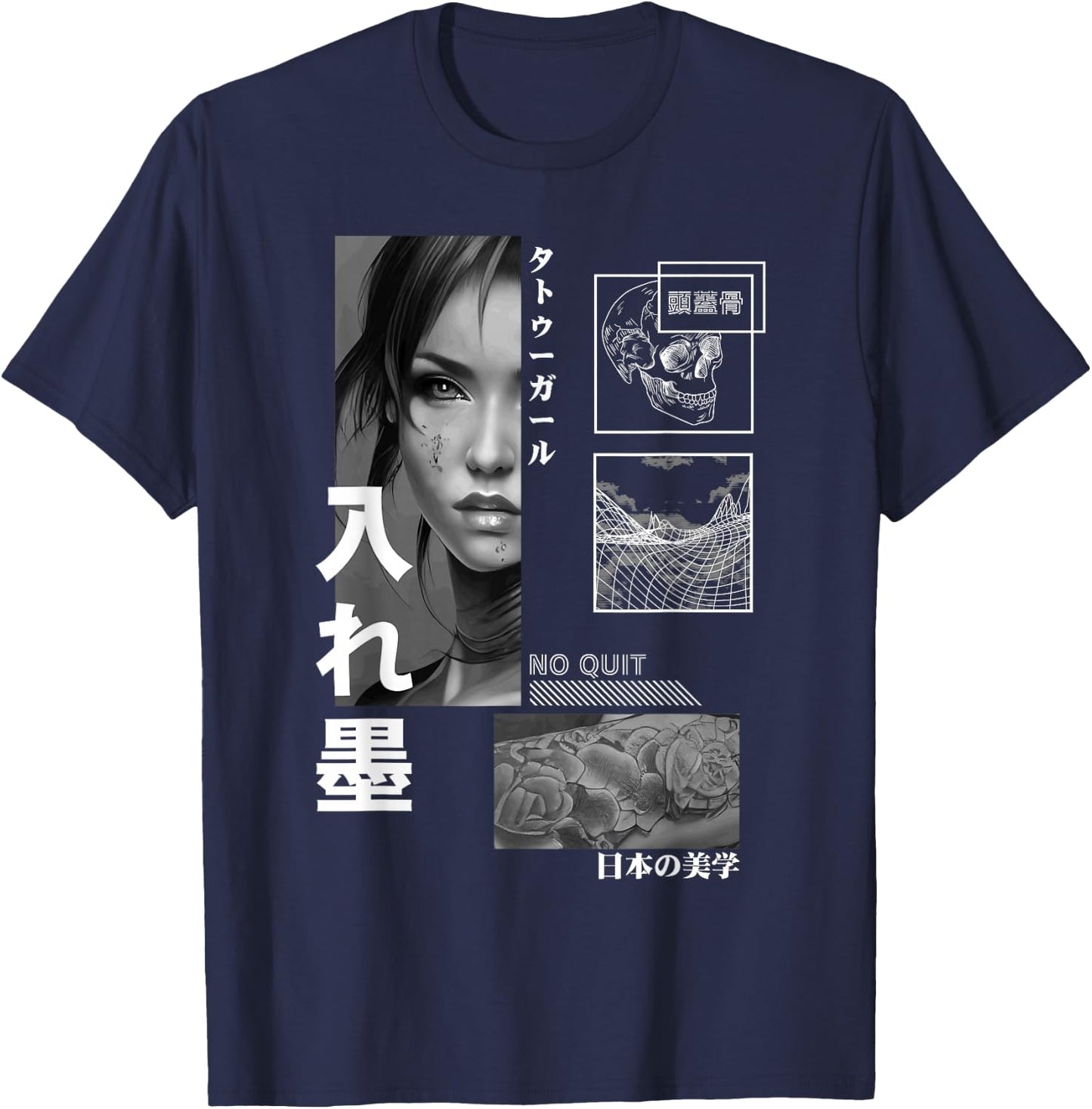 Japanese Aesthetic Girl Flower Tattoo Tokyo Streetwear T-Shirt - T-Shirt | Navy