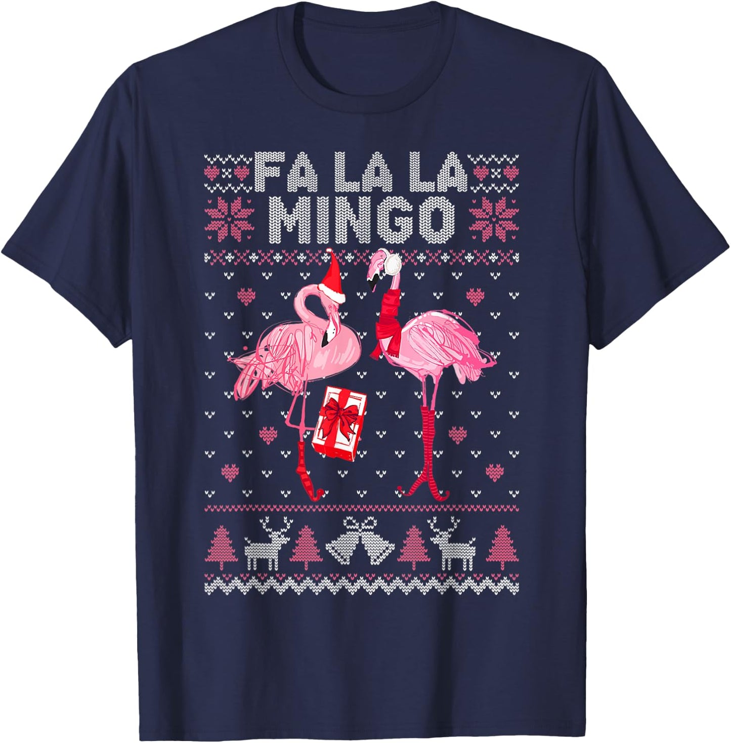 Fa La La La Mingo Flamingo Santa Pink Ugly Christmas Sweater T-Shirt - T-Shirt | Navy