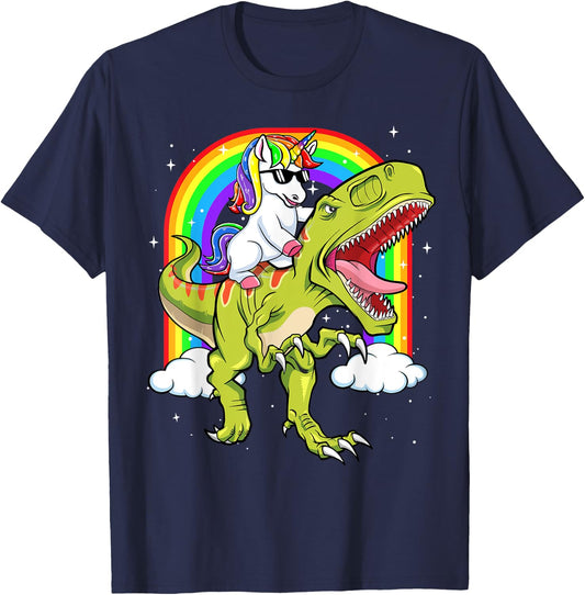 Rainbow Unicorn Riding T rex - Dinosaur Boys Girls Men Women T-Shirt - T-Shirt | Navy