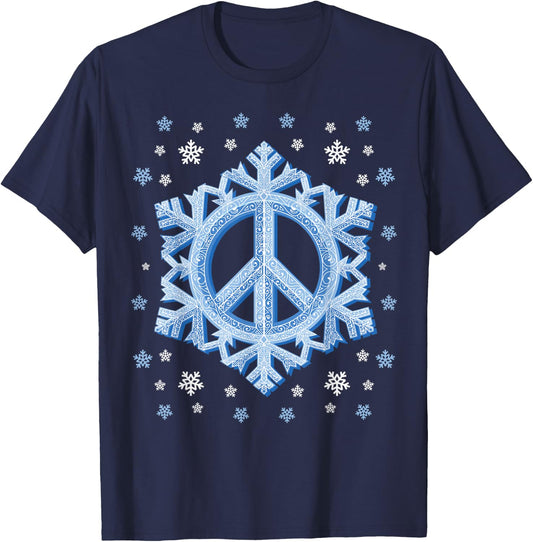 Peace Sign Snowflakes Winter Christmas Retro 70s 80s Hippie T-Shirt - T-Shirt | Navy