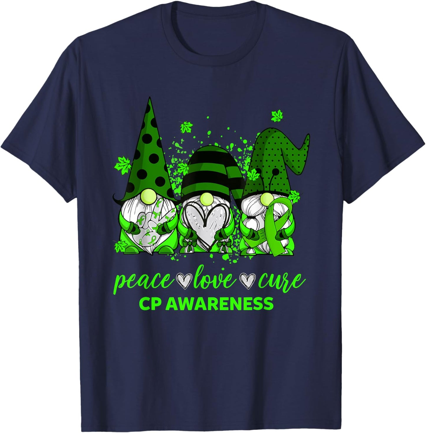 Peace Love Cure Three Gnomes Cerebral Palsy CP Awareness T-Shirt - T-Shirt | Navy