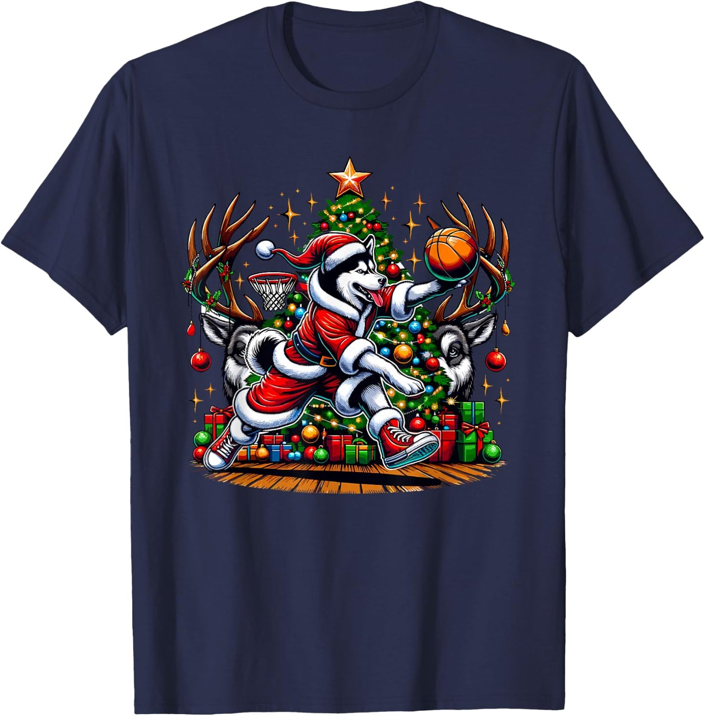 Funny Santa Siberian Husky Dog Play Basketball Christmas T-Shirt - T-Shirt | Navy