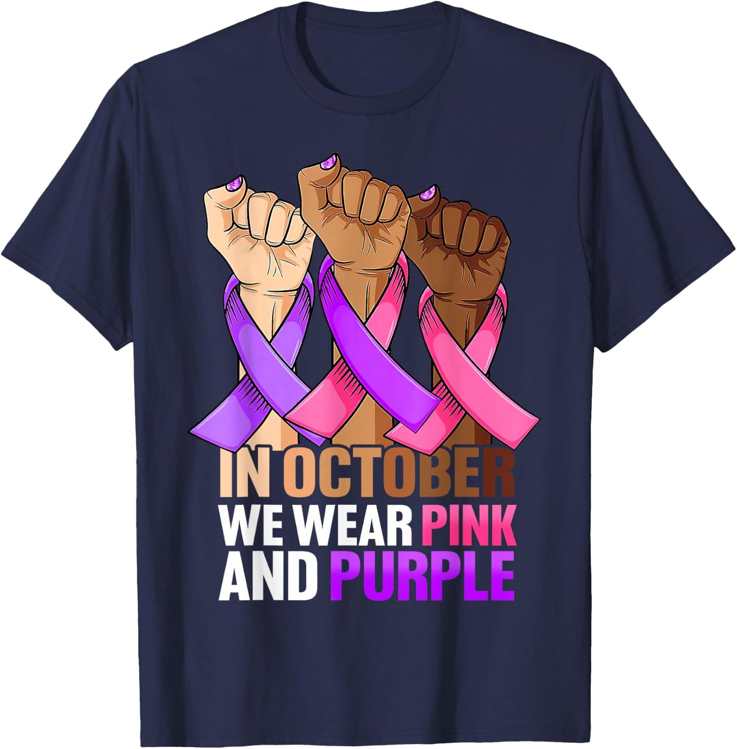Breast Cancer Domestic Violence Awareness Pink Purple Ribbon T-Shirt - T-Shirt | Navy