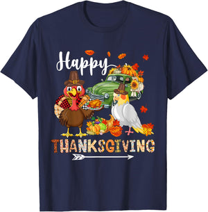Happy Thanksgiving Cockatiel Turkey Pickup Truck Pumpkins T-Shirt - T-Shirt | Navy