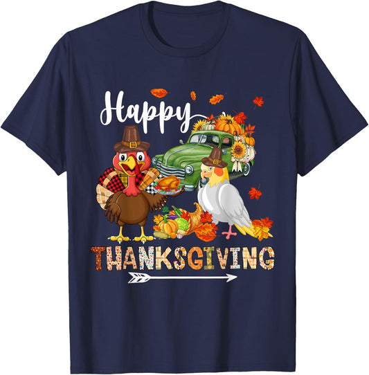 Happy Thanksgiving Cockatiel Turkey Pickup Truck Pumpkins T-Shirt - T-Shirt | Navy