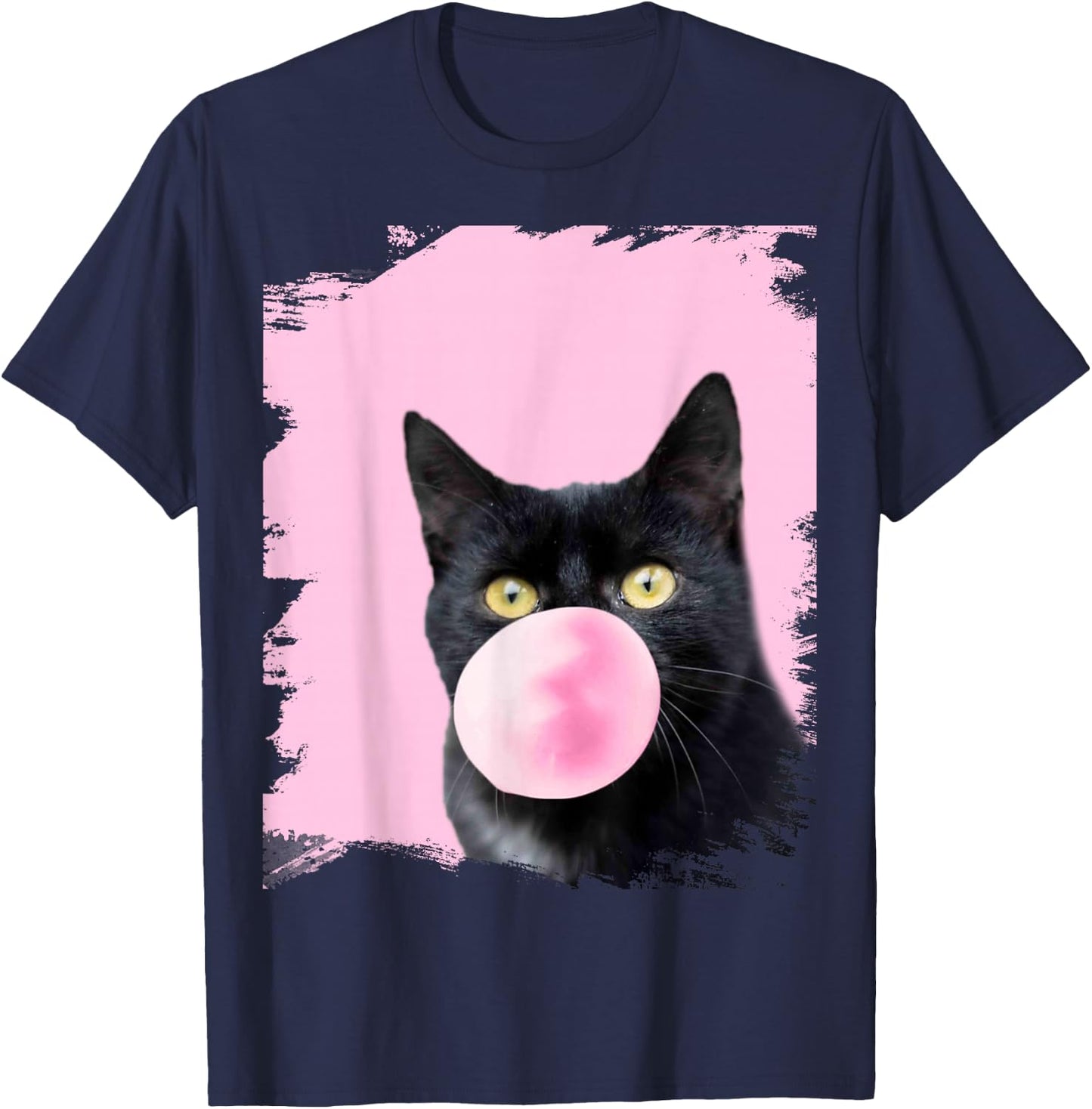 Black Cat Pink Bubble Gum T-Shirt - T-Shirt | Navy