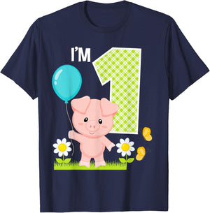 Pig 1st Birthday Girl 1 Year Old Birthday Cute Piglet Bday T-Shirt - T-Shirt | Navy