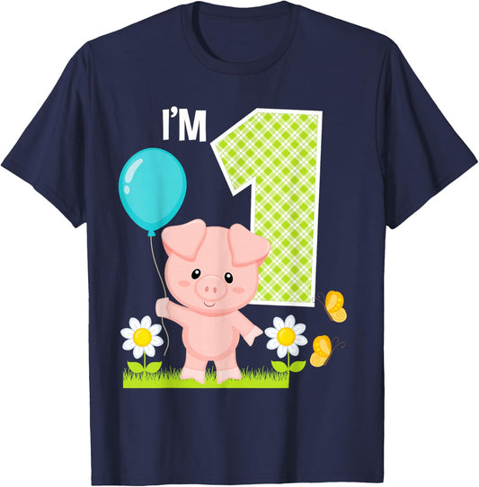 Pig 1st Birthday Girl 1 Year Old Birthday Cute Piglet Bday T-Shirt - T-Shirt | Navy
