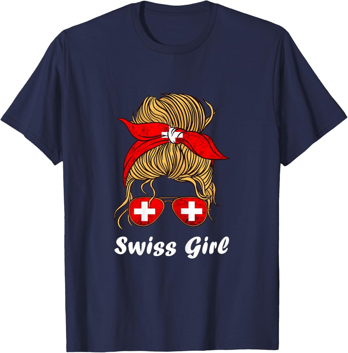 Swiss Girl Woman Sunglass Swiss Pride Swiss Flag Switzerland T-Shirt - T-Shirt | Navy