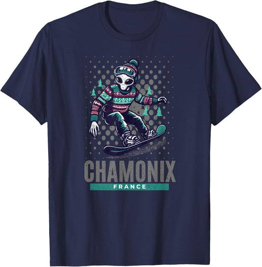 Cosmic Thrills - Alien Snowboarding in Chamonix France T-Shirt - T-Shirt | Navy