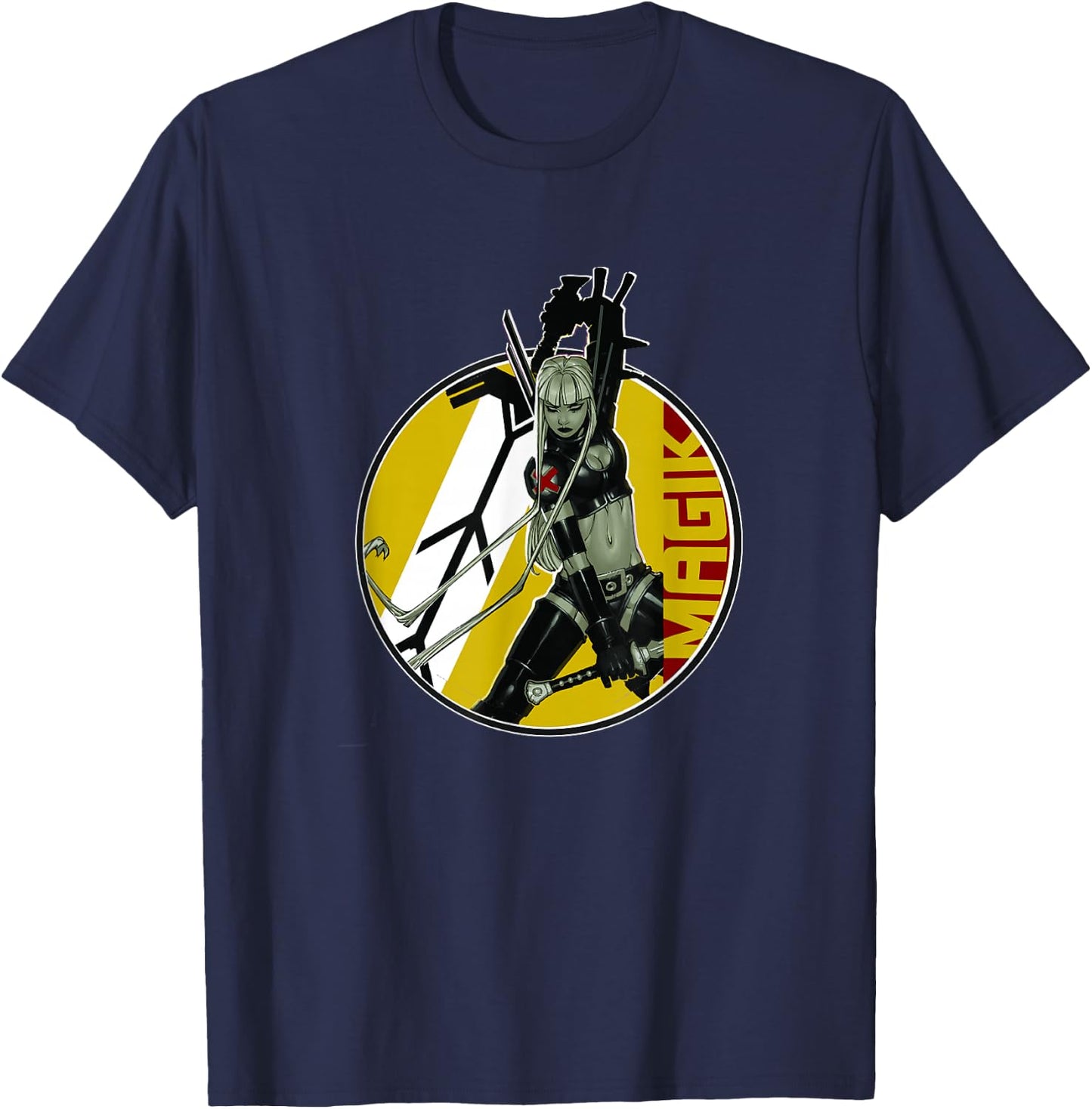Marvel X-Men Magik Wielding Swords Vintage Circle Portrait T-Shirt - T-Shirt | Navy