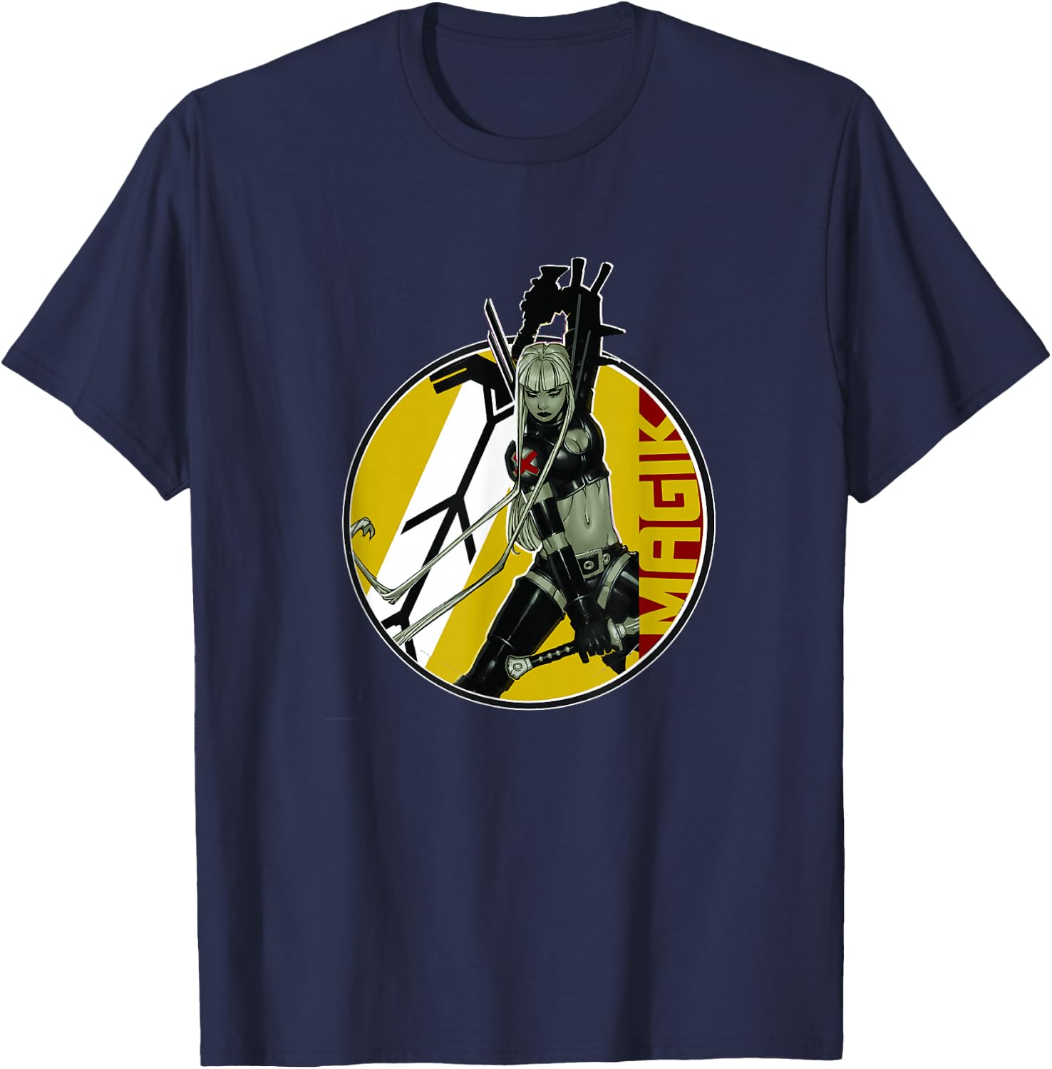 Marvel X-Men Magik Wielding Swords Vintage Circle Portrait T-Shirt - T-Shirt | Navy