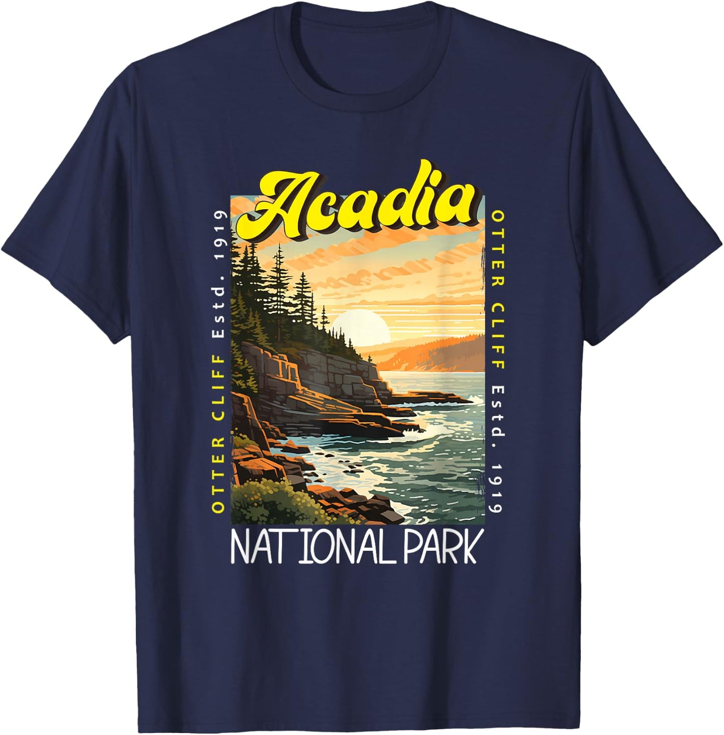 Acadia National Park Otter Cliff Maine Distressed Vintage T-Shirt - T-Shirt | Navy