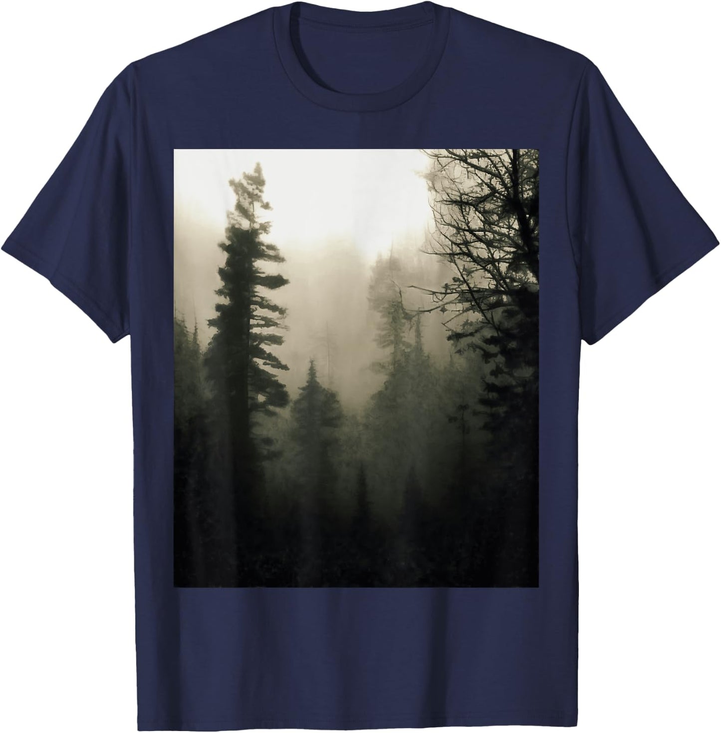 Moody Foggy Treescape Landscape Painting T-Shirt - T-Shirt | Navy