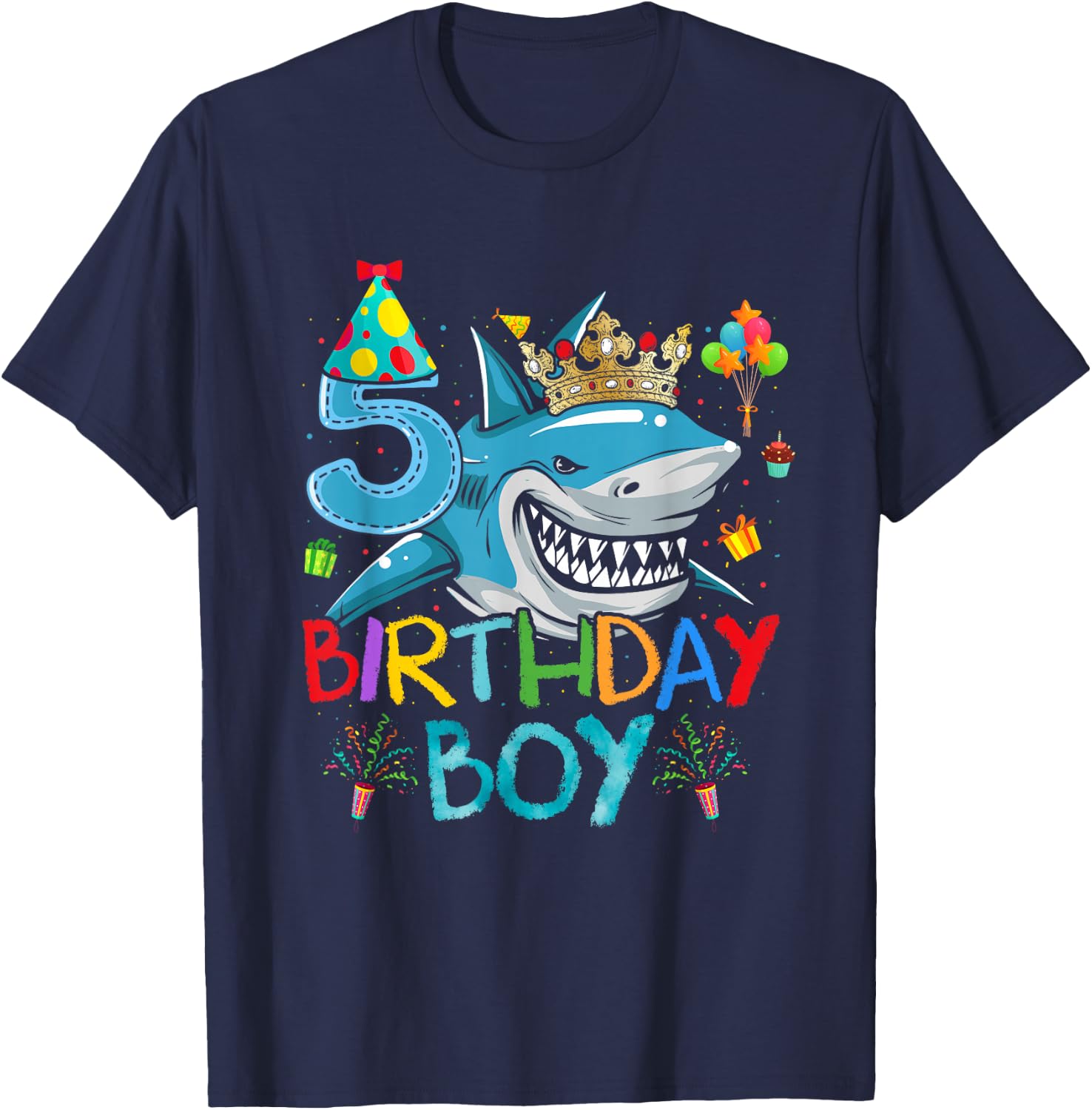 5th Birthday Shark Ocean Theme Party 5 Years Old For Boy T-Shirt - T-Shirt | Navy