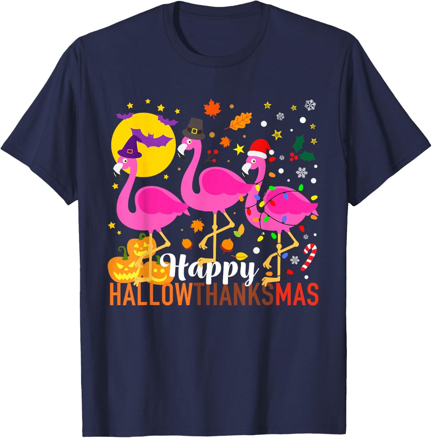 Flamingo Halloween Thanksgiving Christmas HallowThanksMas T-Shirt - T-Shirt | Navy