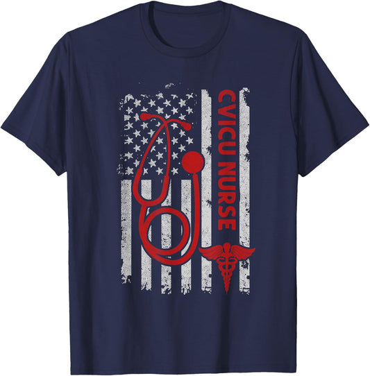 Patriotic Cvicu Nurse American 4th Of July American Flag T-Shirt - T-Shirt | Navy