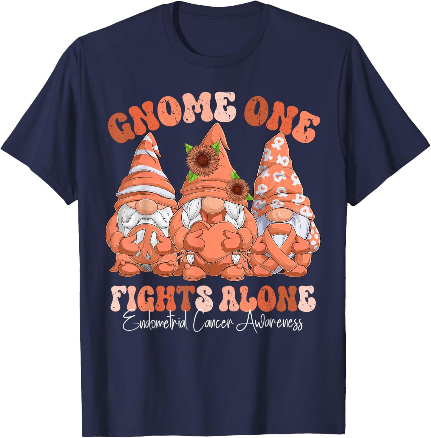 Endometrial Cancer Awareness Month Peach Ribbon Gnomies T-Shirt - T-Shirt | Navy