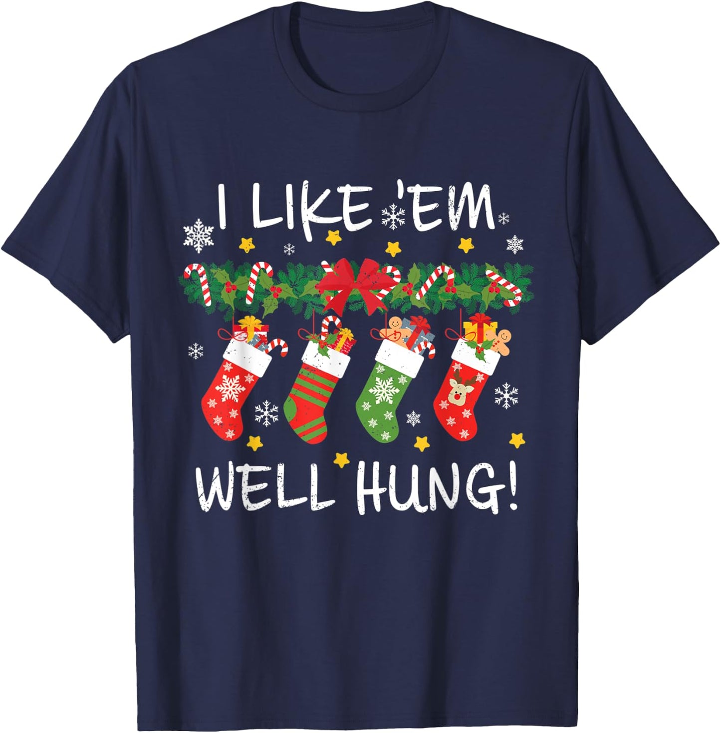 VIMP36 Christmas I Like 'Em Well-Hung Funny Christmas - Women's Adults Black Cotton 80% Polyester 20% Short Sleeve Classic Fit - Small T-Shirt - T-Shirt | Navy
