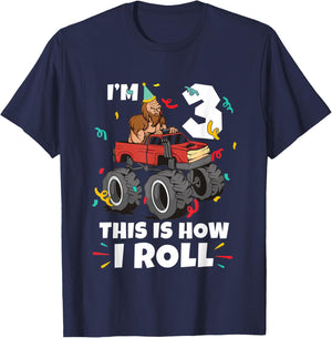 Bigfoot Party Supplies I'm 3 This Is How I Roll T-Shirt - T-Shirt | Navy
