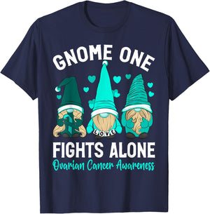 Gnome One Fights Alone Purple Teal Ovarian Awareness T-Shirt - T-Shirt | Navy