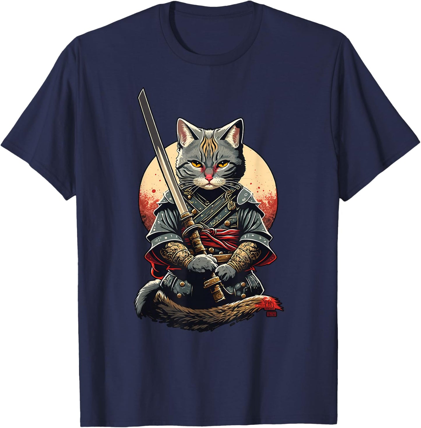 Retro Japanese Warrior Katana Ninja Cat, Samurai Kitten T-Shirt - T-Shirt | Navy