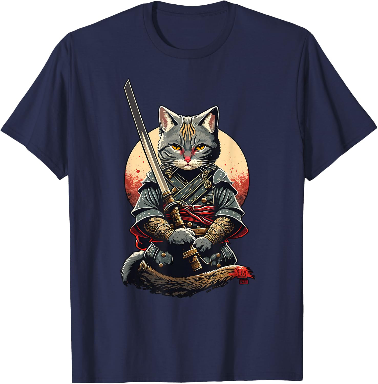 Retro Japanese Warrior Katana Ninja Cat, Samurai Kitten T-Shirt - T-Shirt | Navy