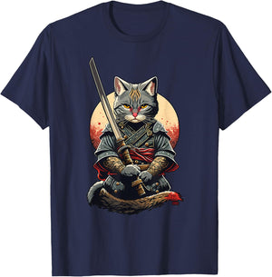 Retro Japanese Warrior Katana Ninja Cat, Samurai Kitten T-Shirt - T-Shirt | Navy