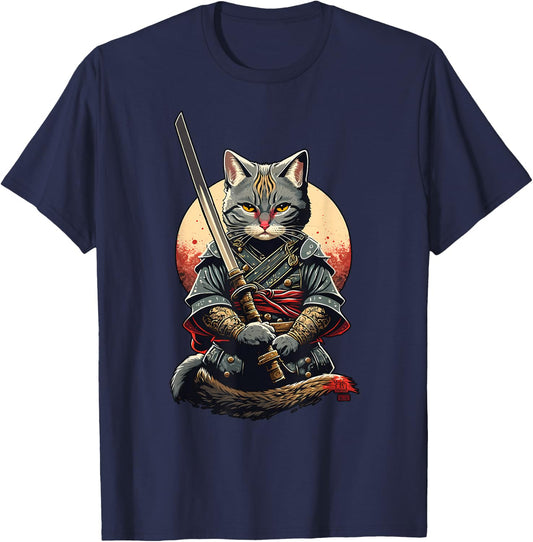 Retro Japanese Warrior Katana Ninja Cat, Samurai Kitten T-Shirt - T-Shirt | Navy