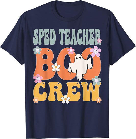 Sped Teacher Boo Crew Ghost Retro Groovy Halloween T-Shirt - T-Shirt | Navy