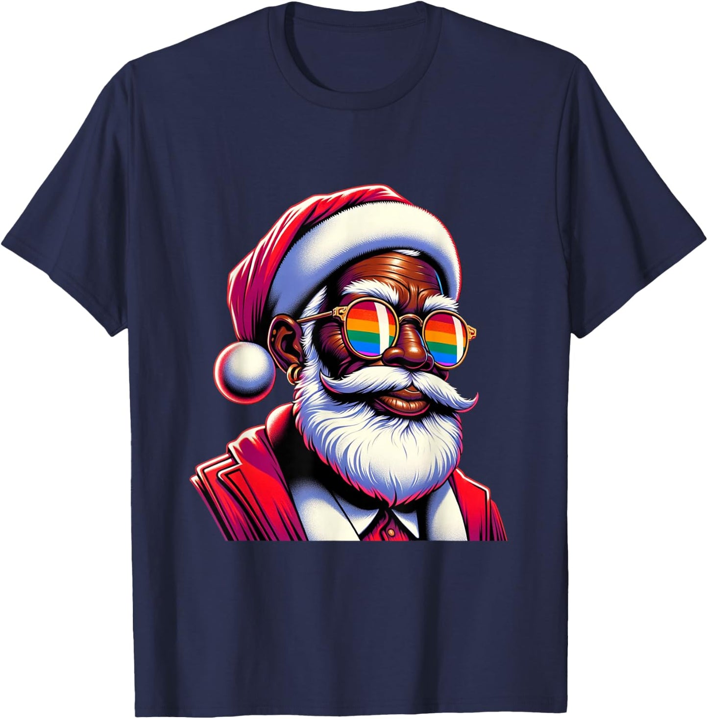 Retro Colored Gay Santa Face Rainbow Sunglasses Christmas T-Shirt - T-Shirt | Navy