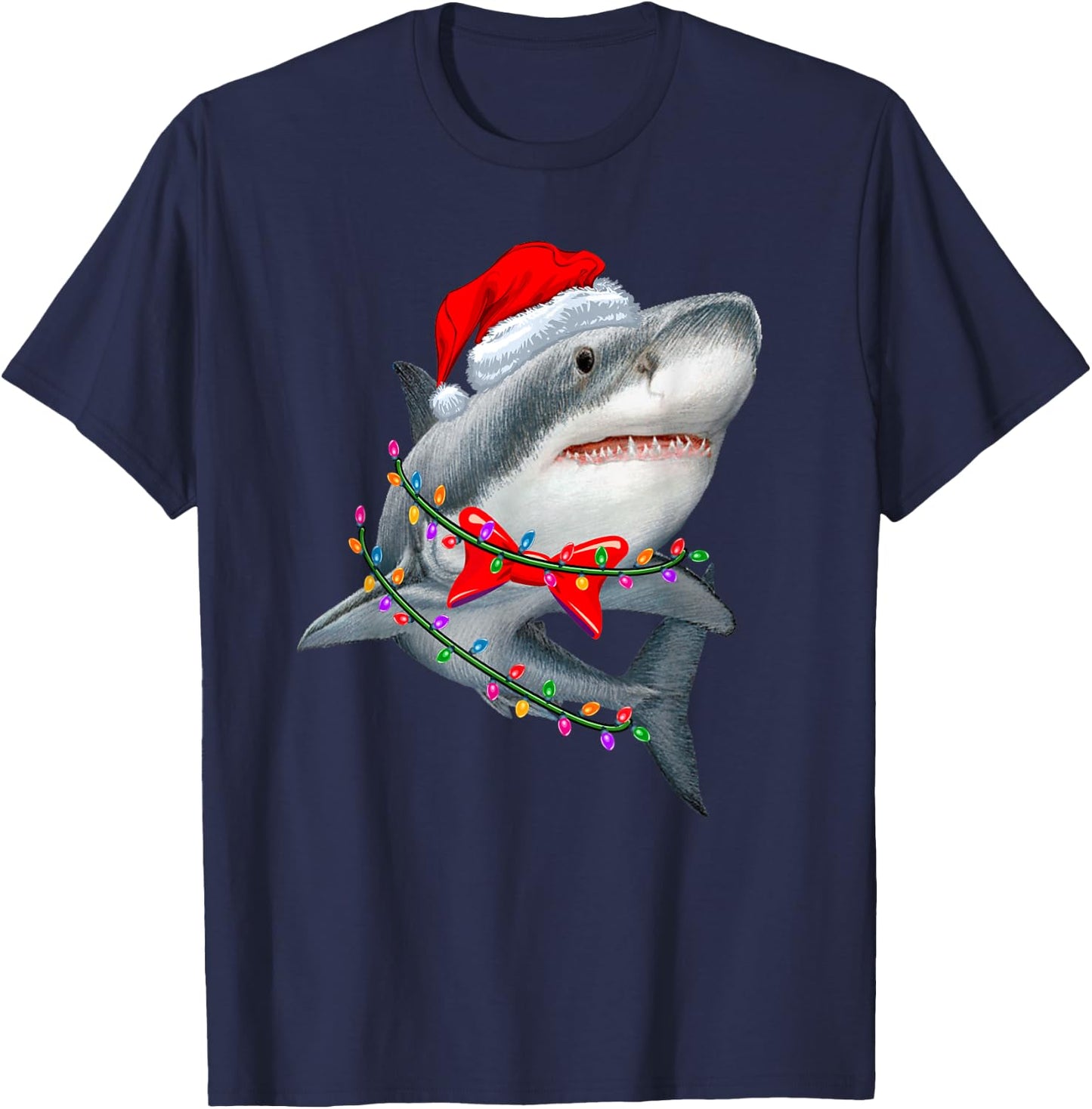Christmas Lights Shark Wearing Xmas Hat - Cute Shark Lover T-Shirt - T-Shirt | Navy