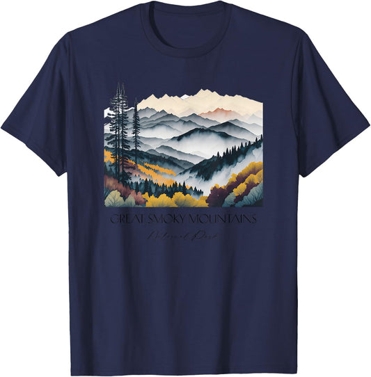 Cool Great Smoky Mountains National Park Hiking Watercolor T-Shirt - T-Shirt | Navy
