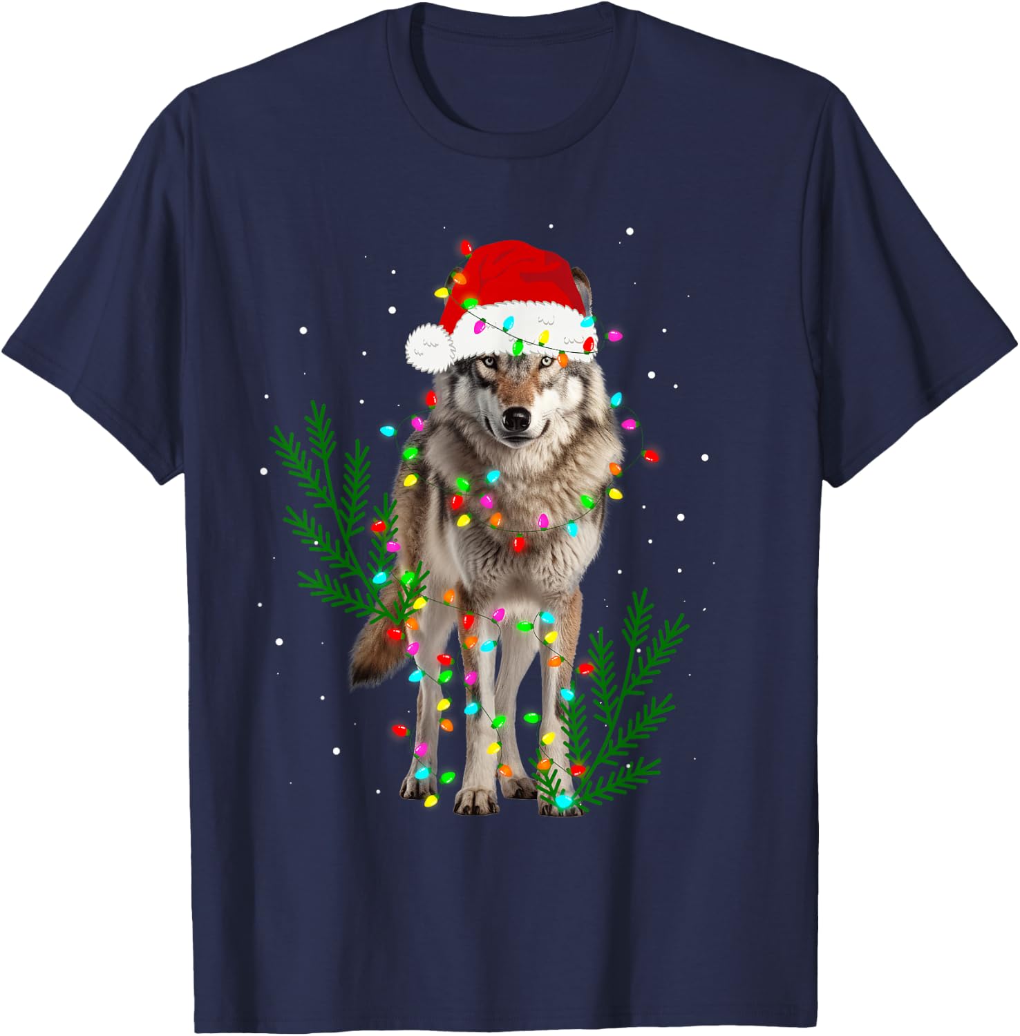 Wolf Santa Hat Christmas Lights Wolf Lover Animal Xmas T-Shirt - T-Shirt | Navy