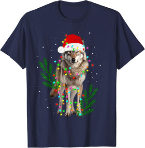 Wolf Santa Hat Christmas Lights Wolf Lover Animal Xmas T-Shirt - T-Shirt | Navy