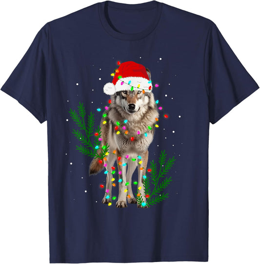 Wolf Santa Hat Christmas Lights Wolf Lover Animal Xmas T-Shirt - T-Shirt | Navy
