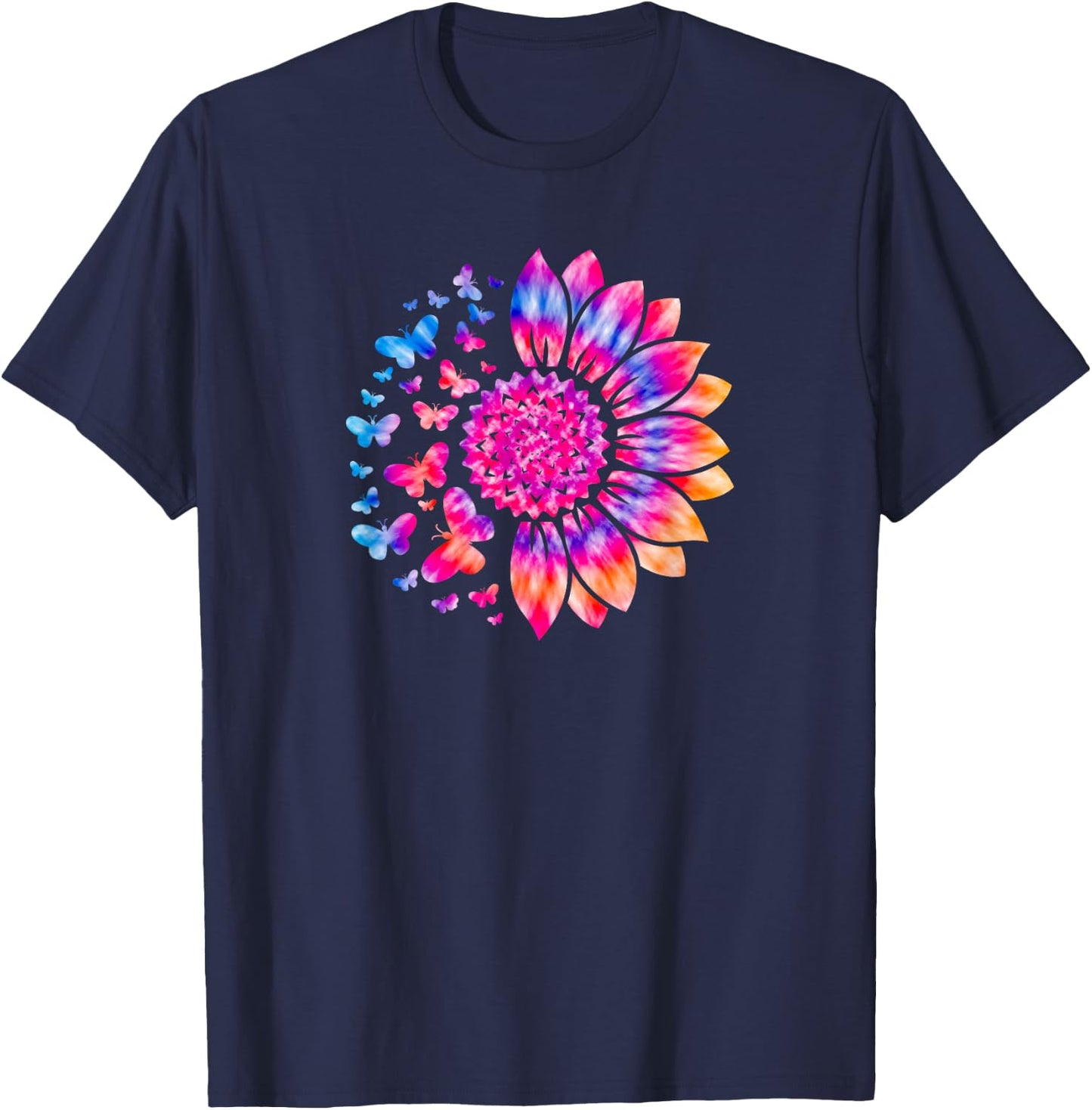 Sunflower Sun Flower Tie Dye Daisy Butterflies Women Girls T-Shirt - T-Shirt | Navy