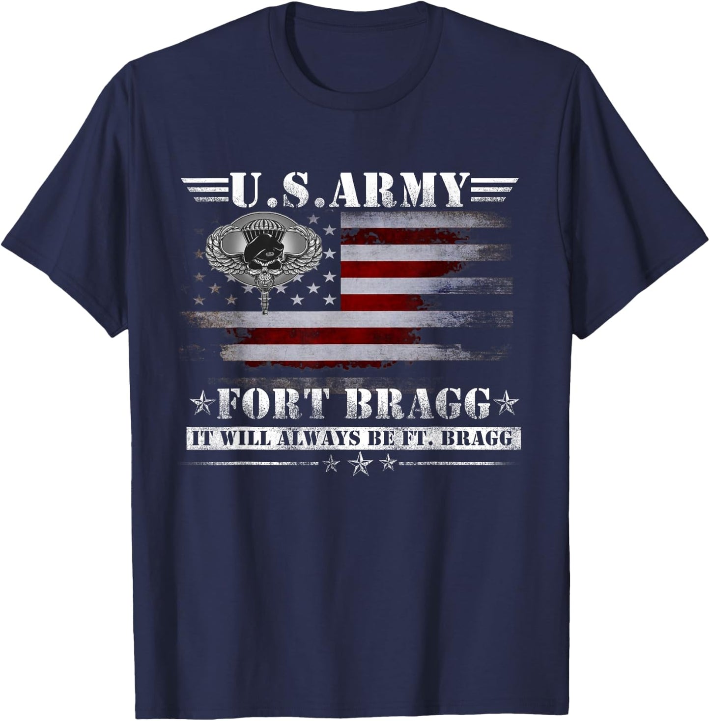 Proud Airborne Paratrooper Div Veteran - Men's Black Modern Letter Print Short Sleeve - Fort Bragg Nc Basic Training It Will Always Be Ft. Bragg - -Adults Size Small T-Shirt - T-Shirt | Navy