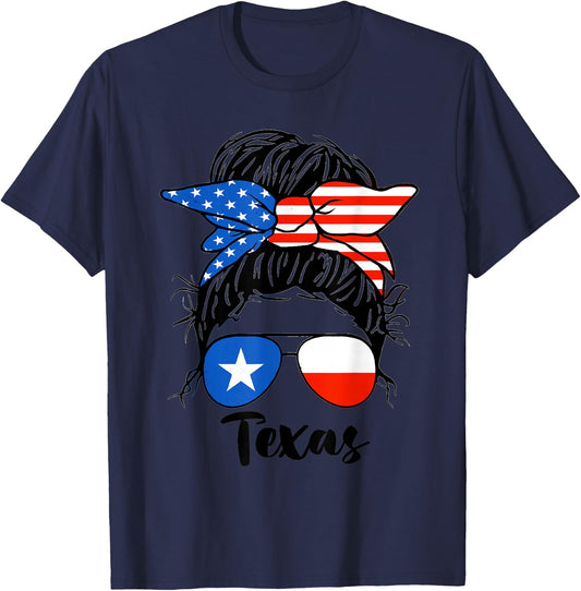 Texas State Flag Sunglasses Mom Messy Bun Hair Girl T-Shirt - T-Shirt | Navy