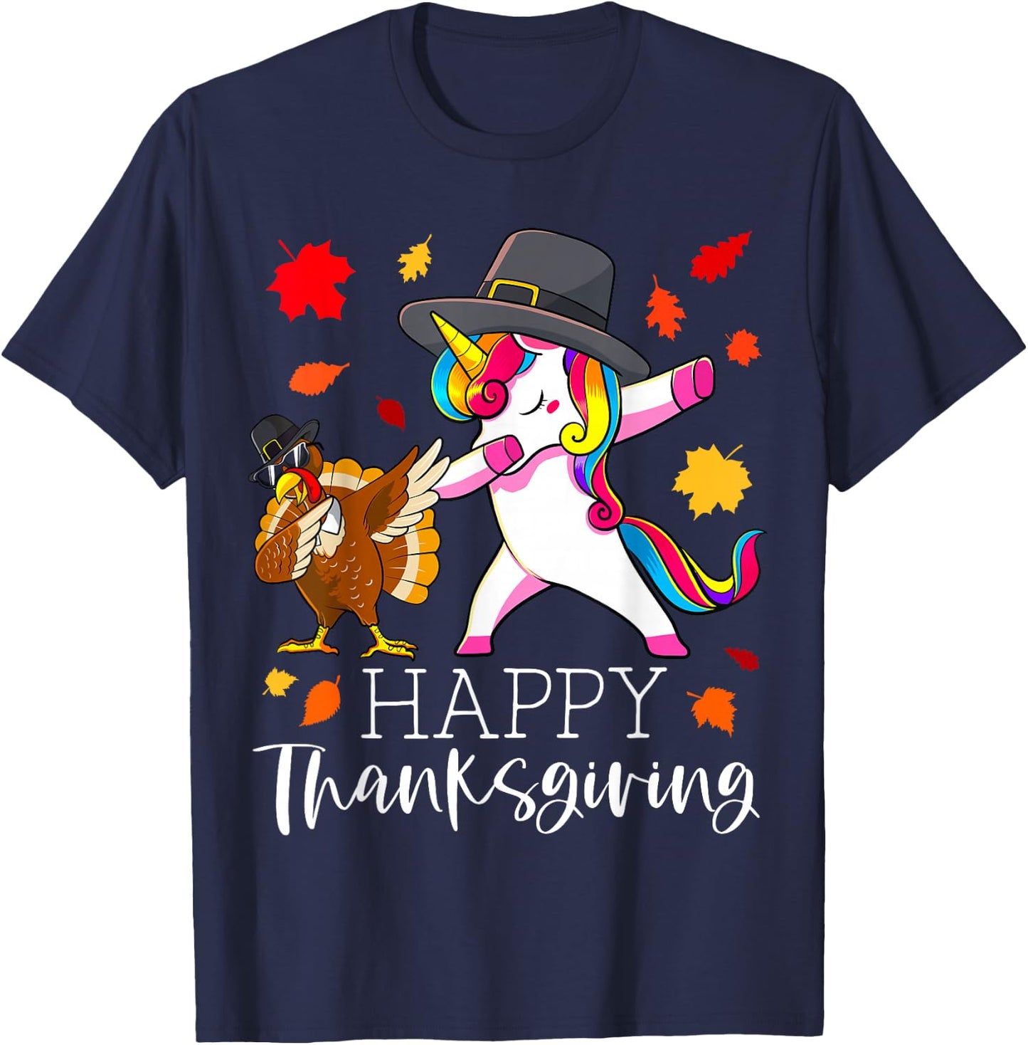 Thanksgiving Unicorn Girls Cute Dabbing Turkey Pilgrim Girl T-Shirt - T-Shirt | Navy