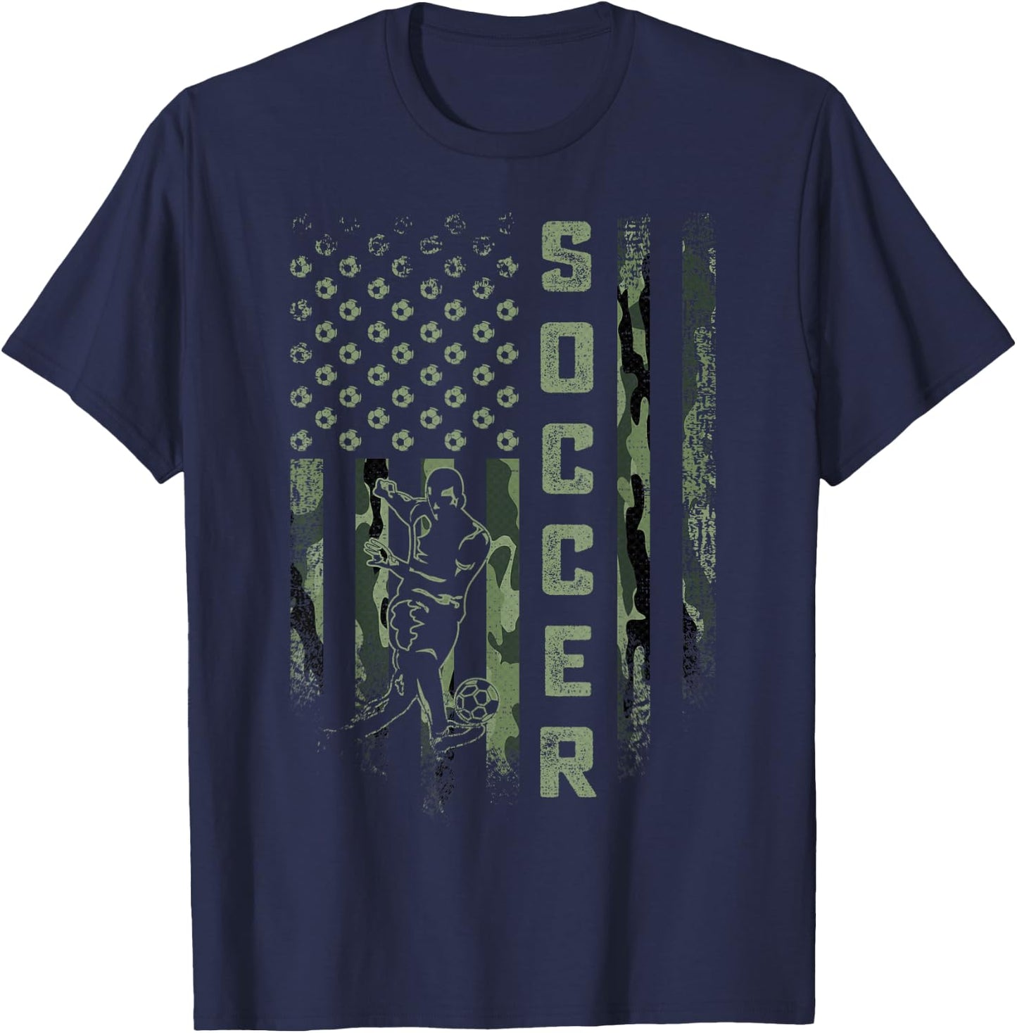 Vintage USA Camouflage Flag Soccer Player Silhouette T-Shirt - T-Shirt | Navy