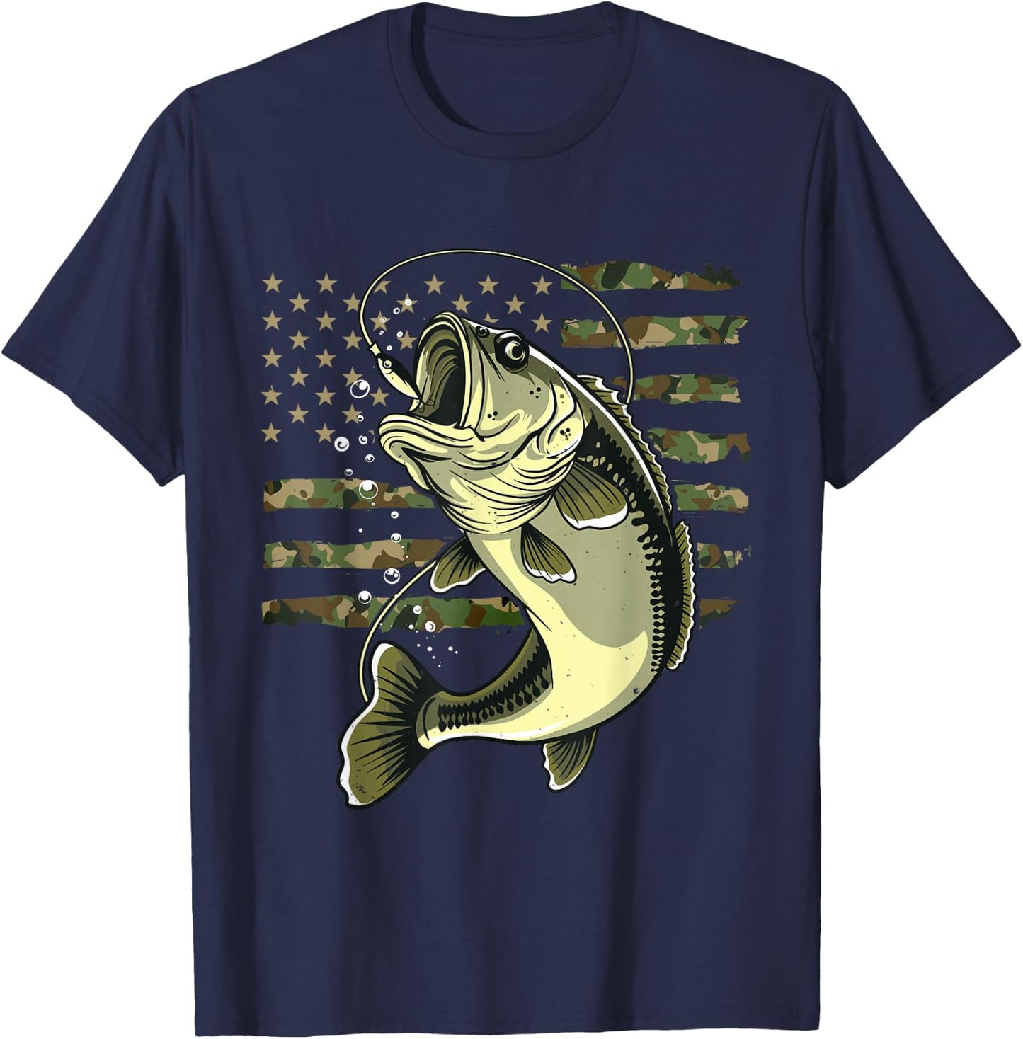 Bass Fish Fishing USA American Flag Camouflage Fisherman T-Shirt - T-Shirt | Navy